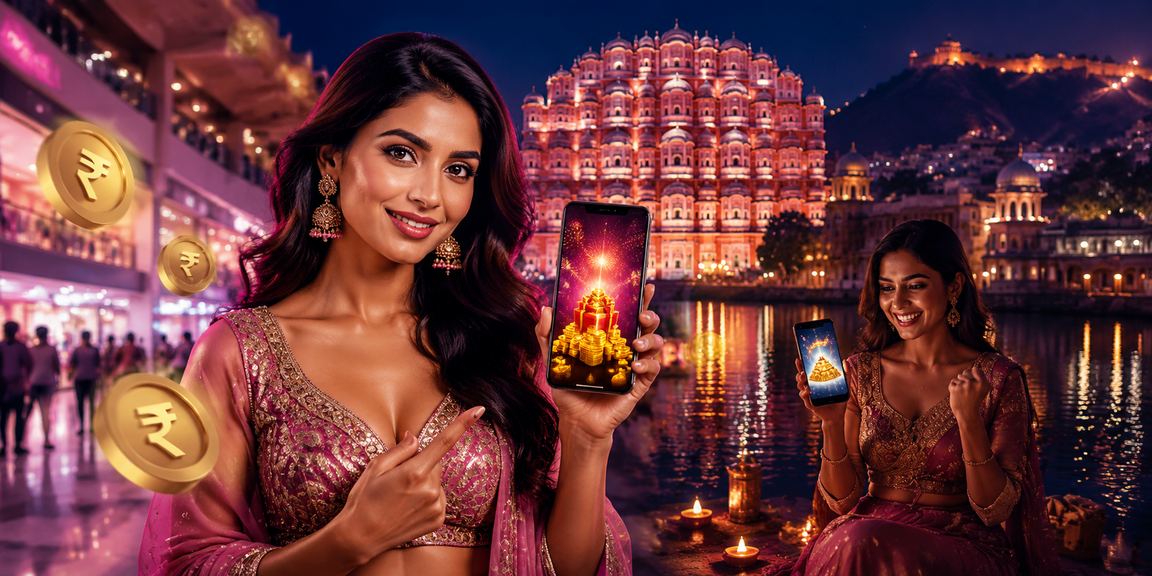 Scene of Jaipur Hawa Mahal with casino app illustration