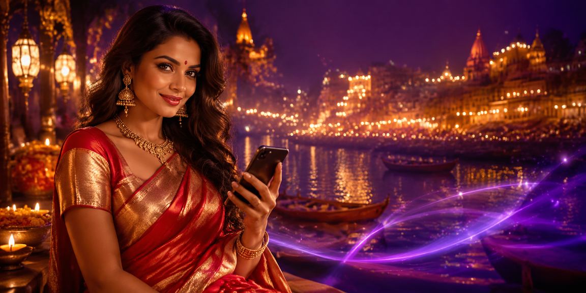 Playing Andar Bahar card game on mobile in Varanasi riverside